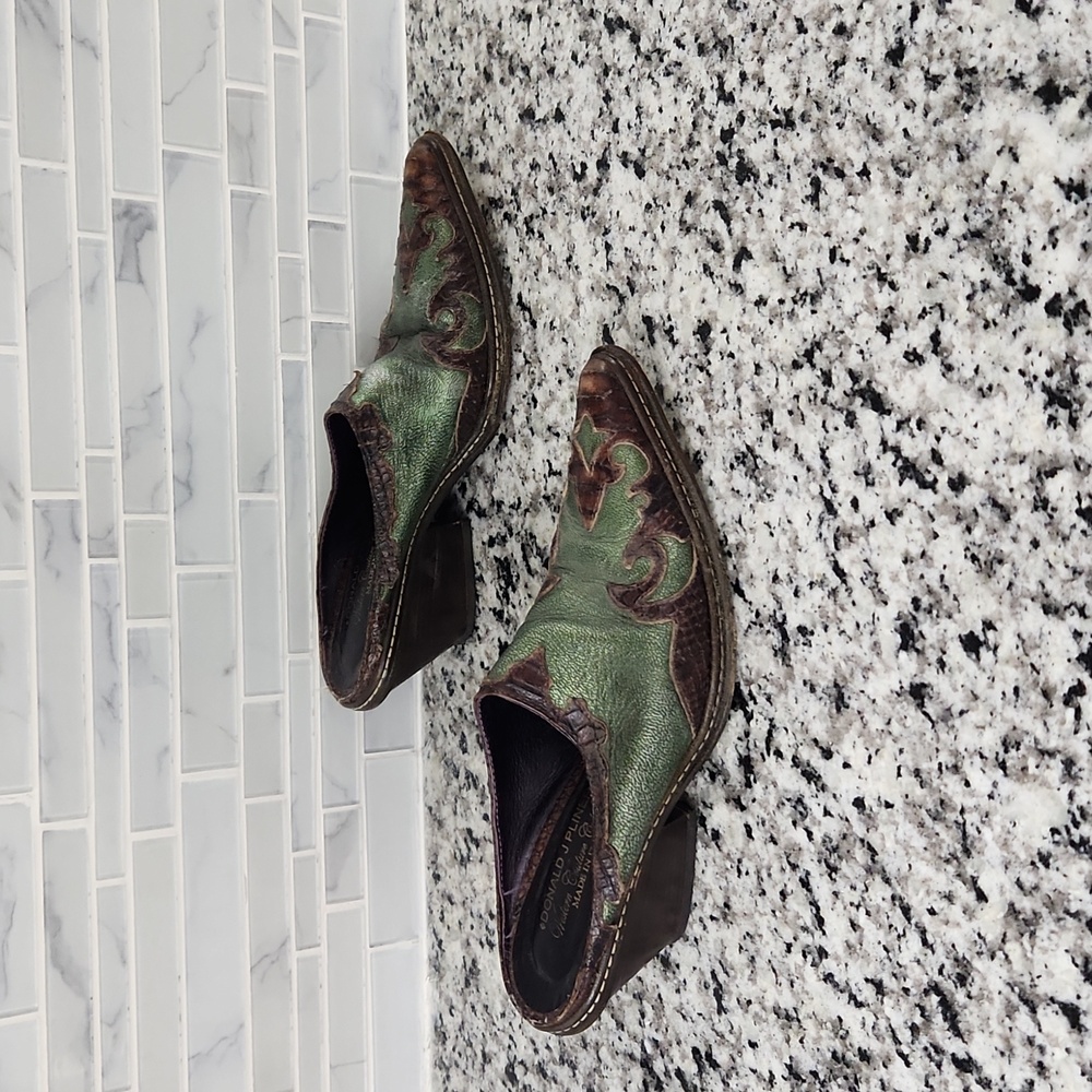 Vintage Green & Brown Donald J Pliner Leather Slip-On Heels sz 7.5 M made Italy - Picture 3 of 7